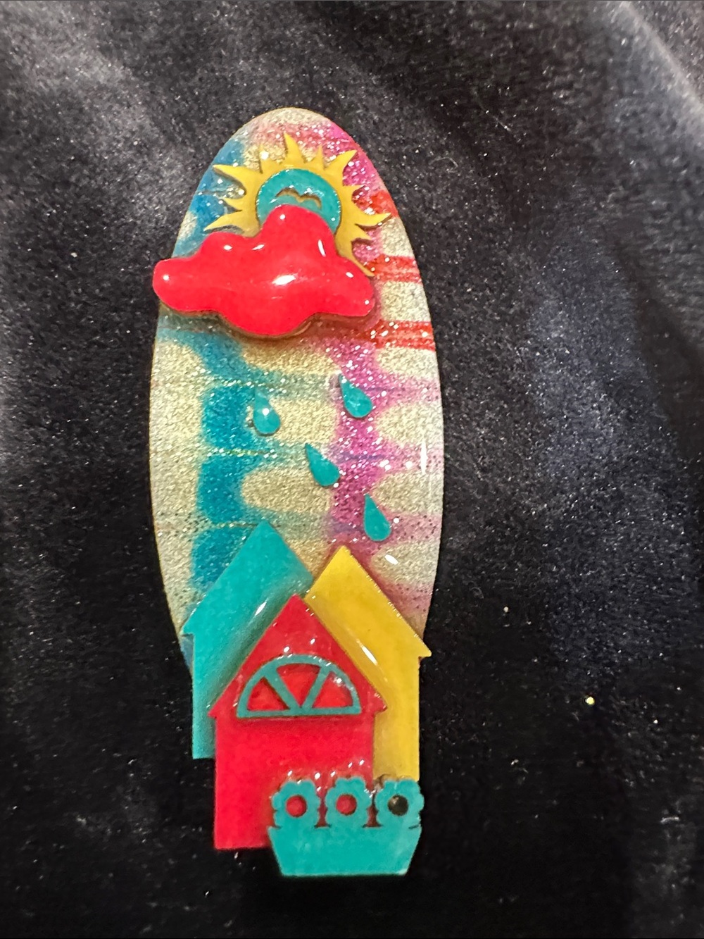 Colorful House & Cloud Enamel Brooch - Red, Teal, Yellow